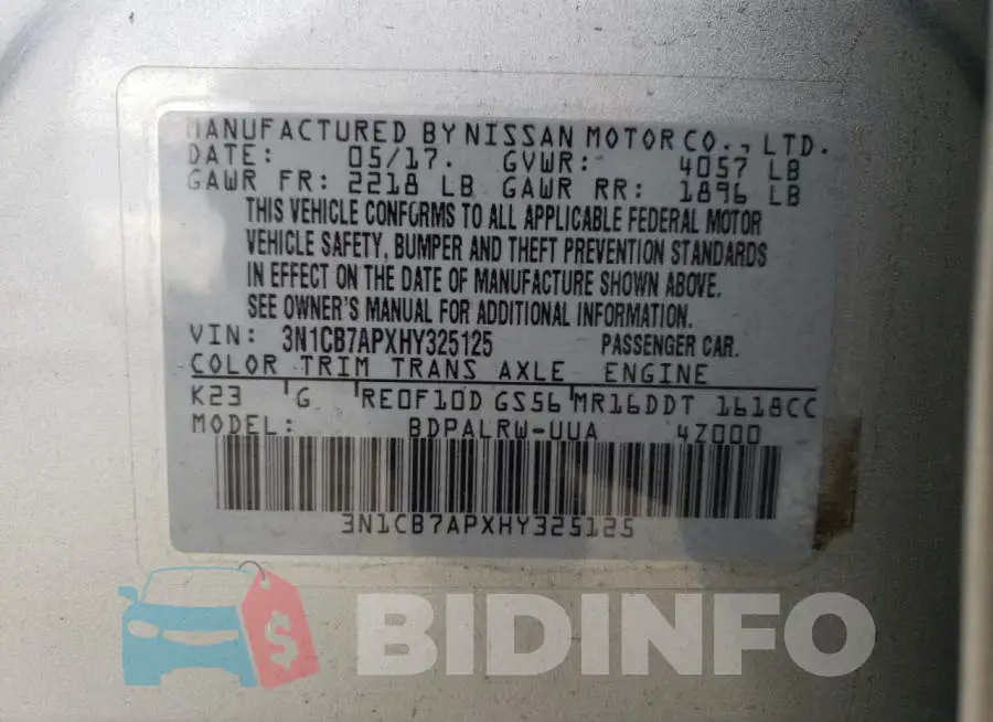 3N1CB7APXHY325125 Photo# 13