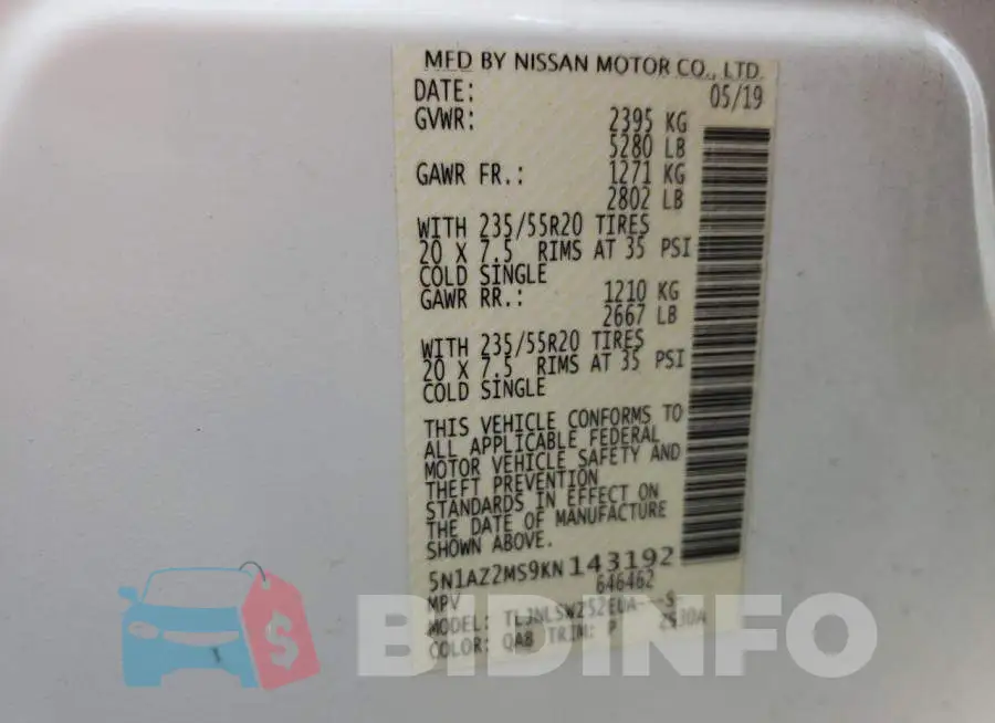5N1AZ2MS9KN143192 Photo# 10