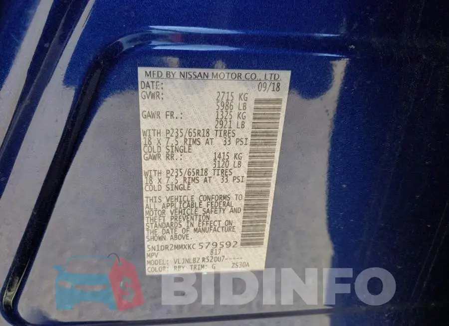 5N1DR2MMXKC579592 Photo# 13