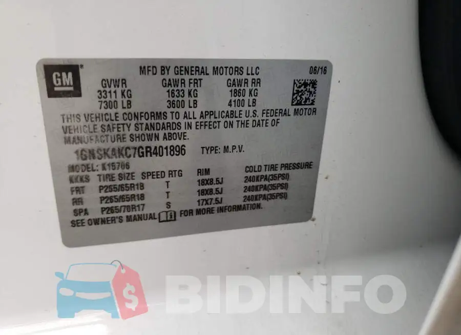 1GNSKAKC7GR401896 Photo# 12
