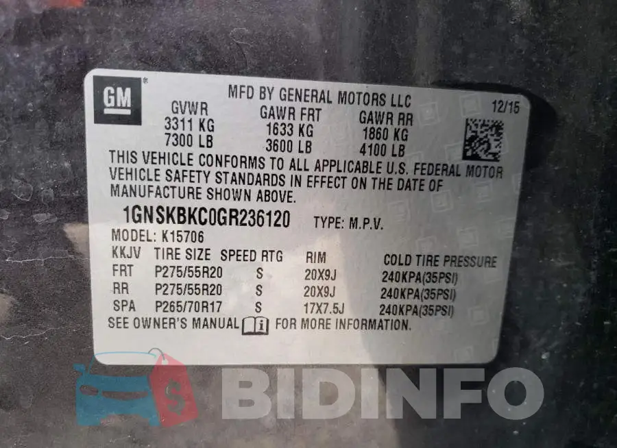 1GNSKBKC0GR236120 Photo# 13
