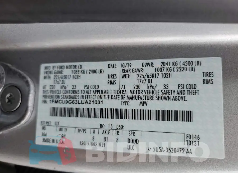 1FMCU9G63LUA21031 Photo# 13