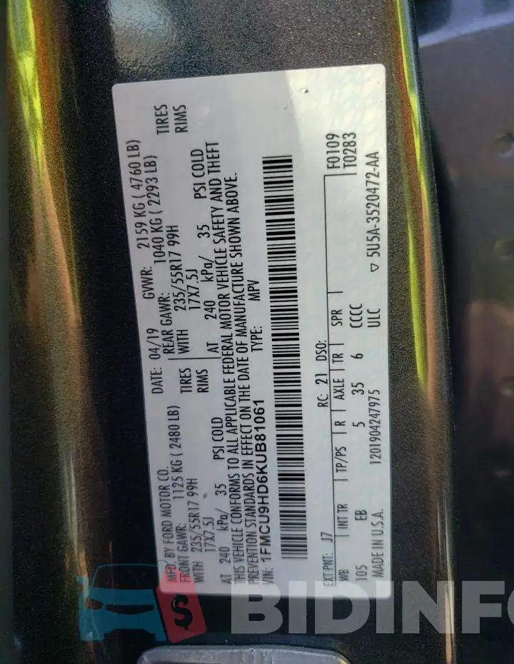 1FMCU9HD6KUB81061 Photo# 10