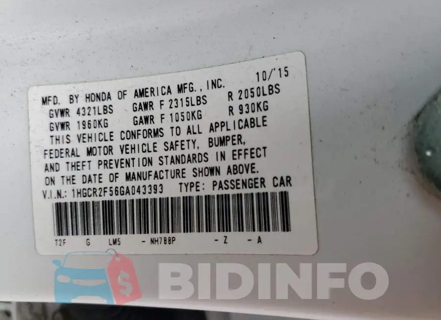 1HGCR2F56GA043393 Photo# 12