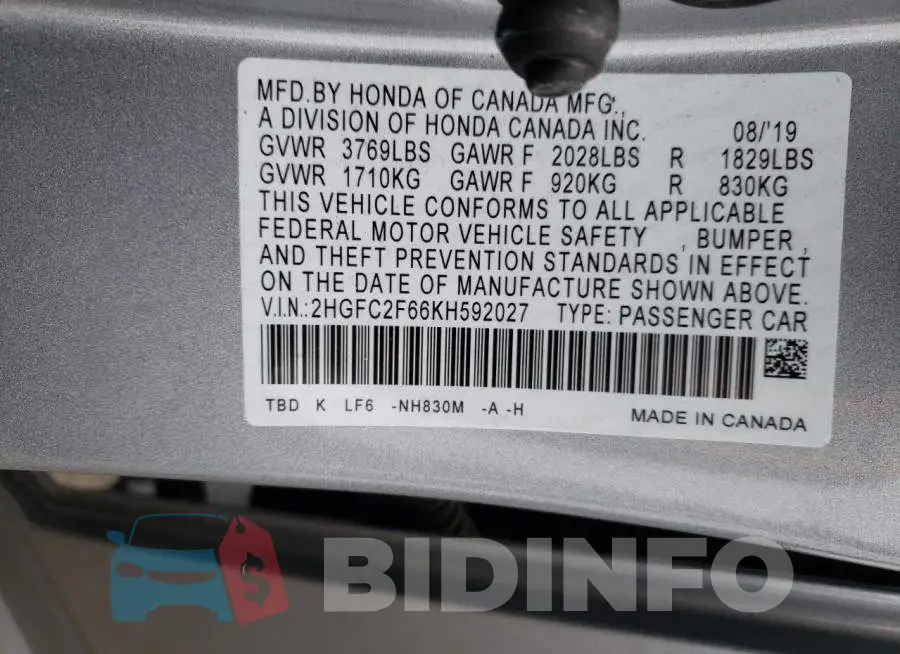 2HGFC2F66KH592027 Photo# 13