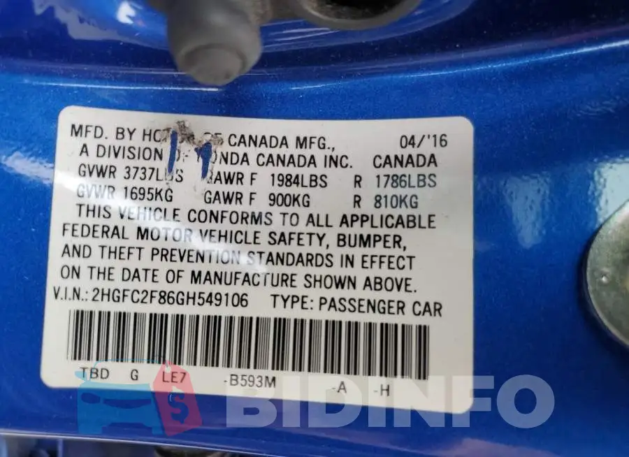 2HGFC2F86GH549106 Photo# 13
