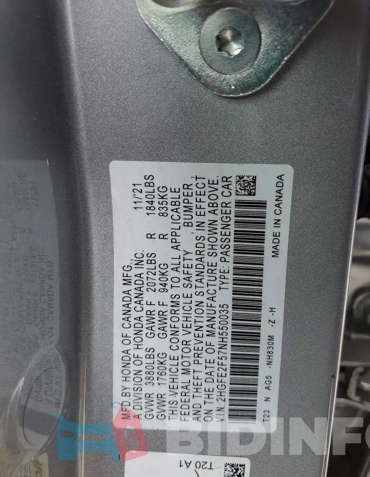 2HGFE2F57NH550035 Photo# 12