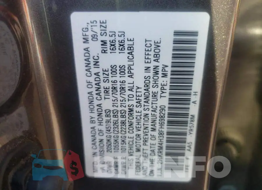 2HKRM4H38FH698290 Photo# 13