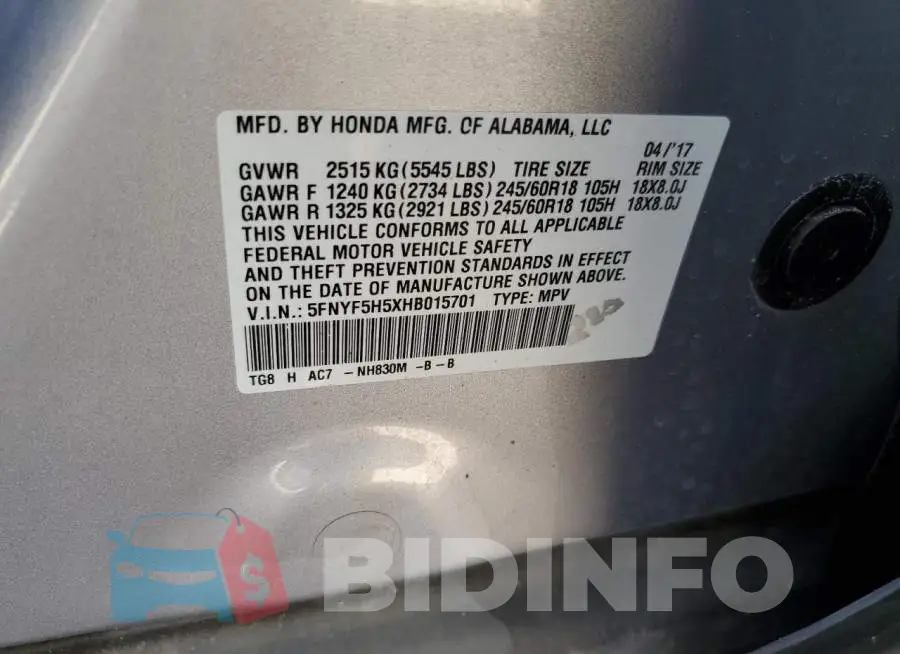 5FNYF5H5XHB015701 Photo# 13