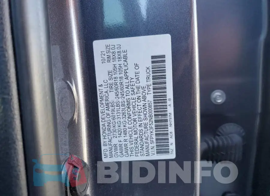 5FPYK3F52NB000857 Photo# 13