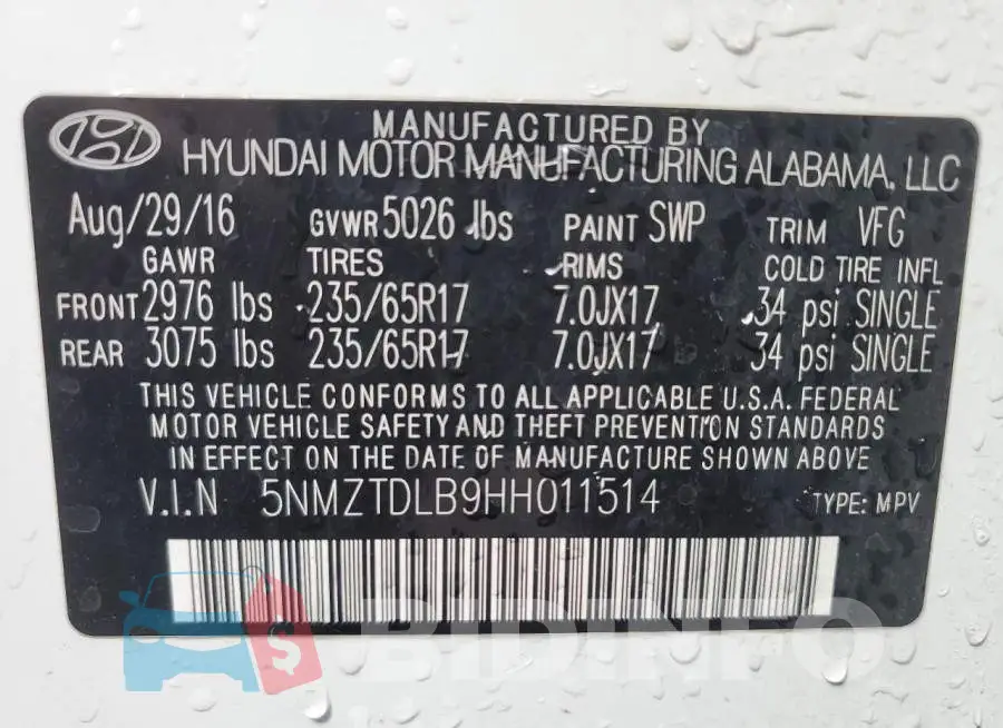 5NMZTDLB9HH011514 Photo# 14