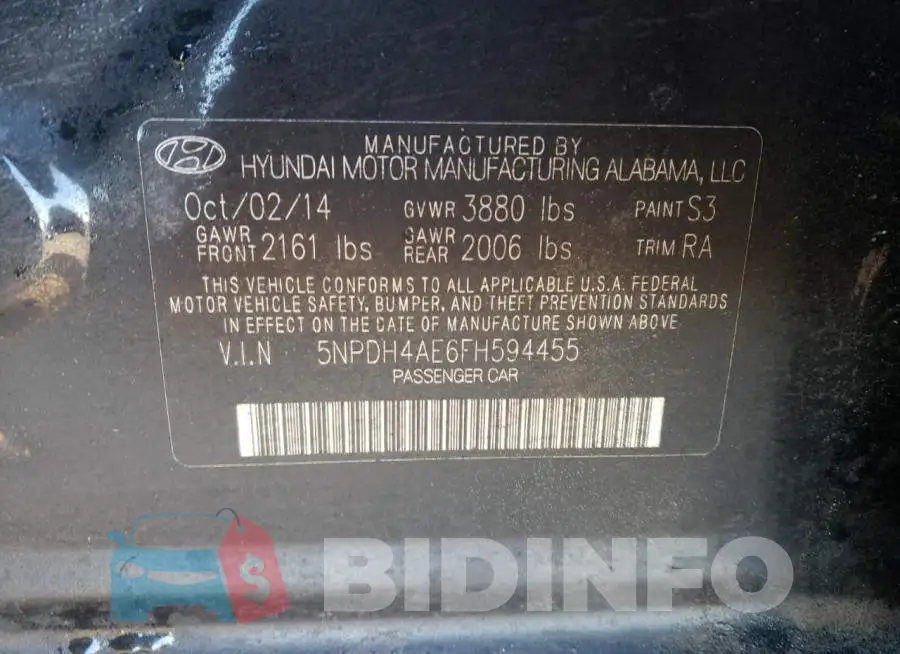 5NPDH4AE6FH594455 Photo# 12