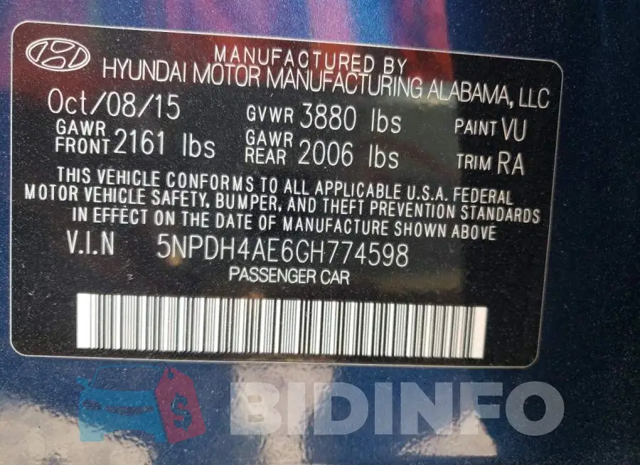 5NPDH4AE6GH774598 Photo# 12