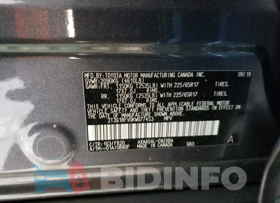 2T3G1RFV0KW077453 Photo# 13