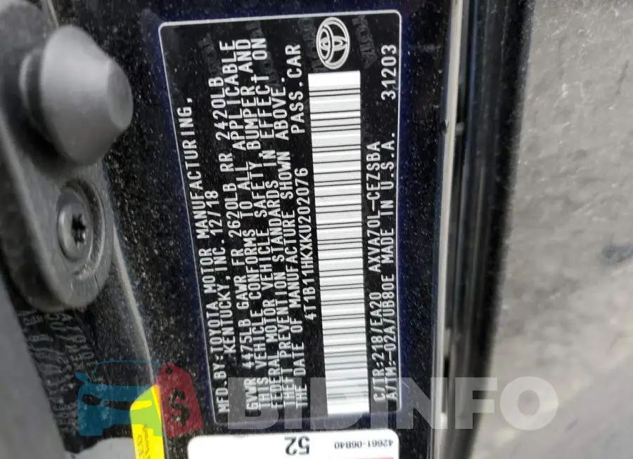 4T1B11HKXKU202076 Photo# 12