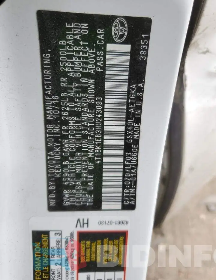 4T1BK1EB3HU243093 Photo# 12