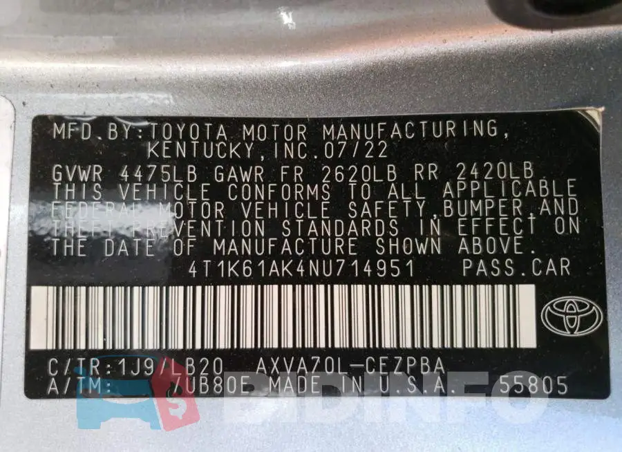 4T1K61AK4NU714951 Photo# 12