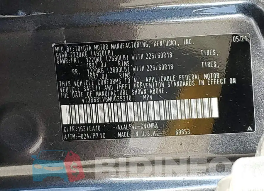 4T3B6RFV6MU039210 Photo# 13