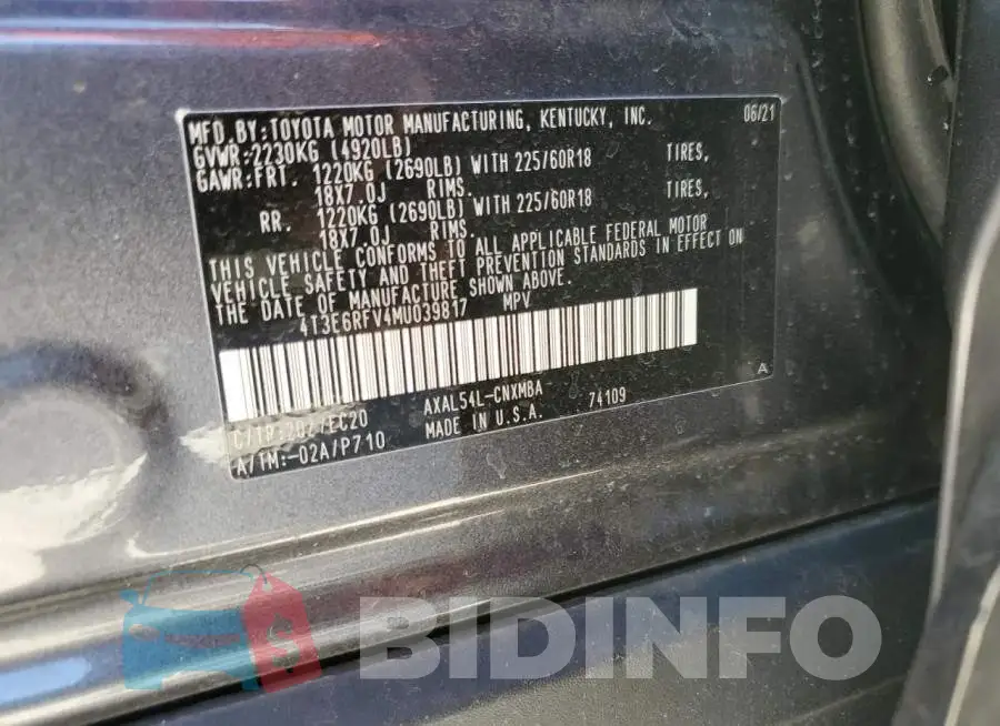 4T3E6RFV4MU039817 Photo# 14