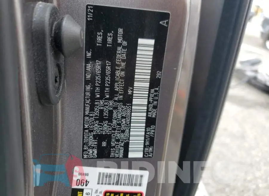 5TDBRKEC4NS088651 Photo# 14