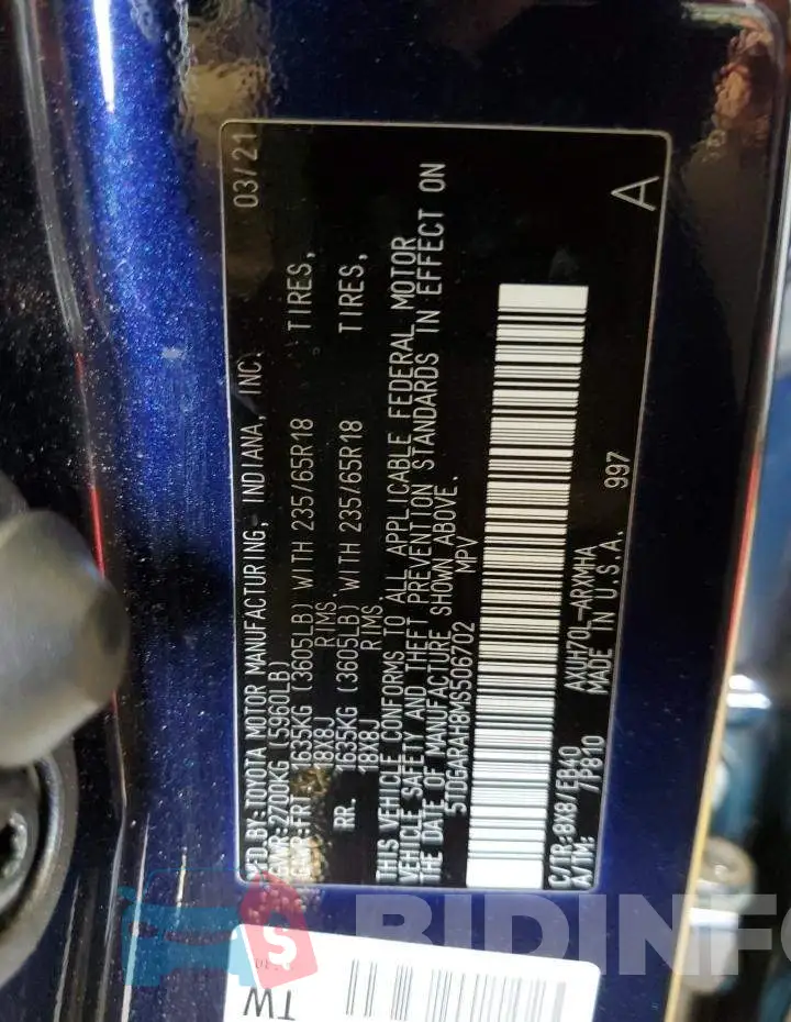 5TDGARAH8MS506702 Photo# 13