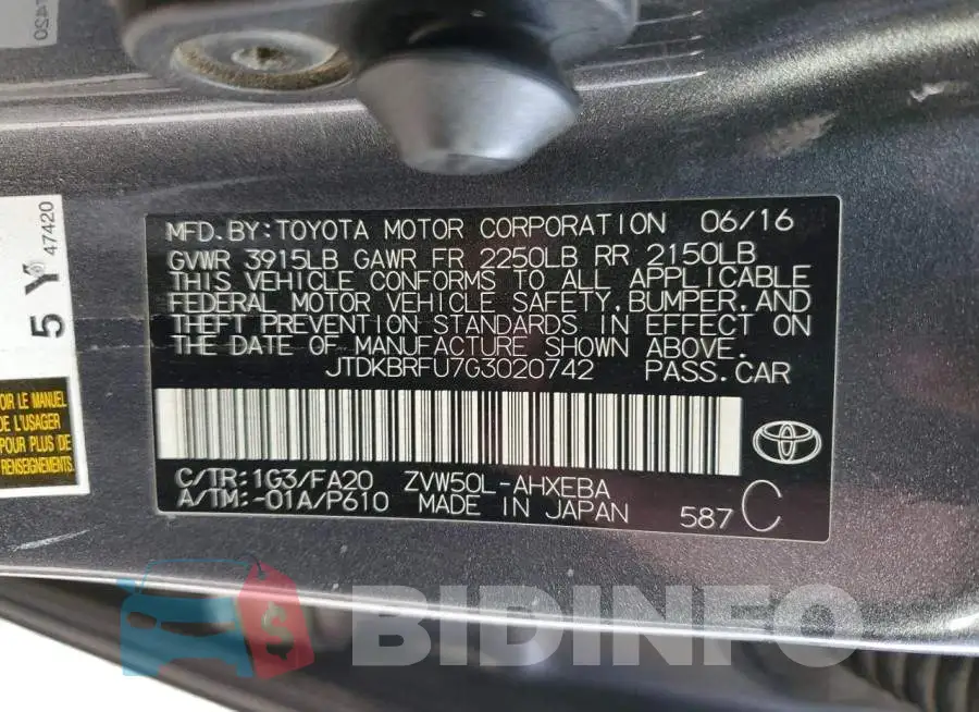 JTDKBRFU7G3020742 Photo# 12