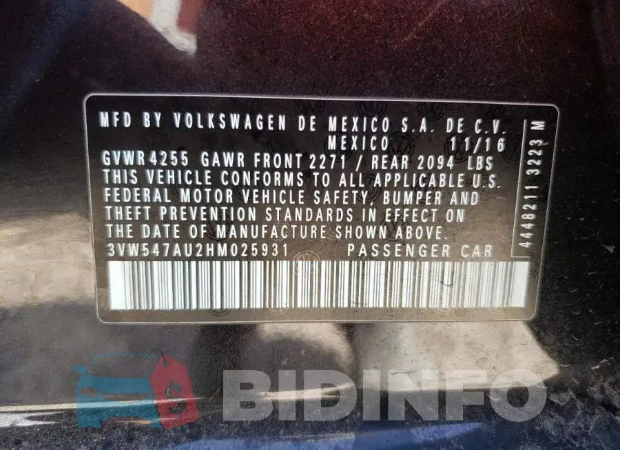 3VW547AU2HM025931 Photo# 12