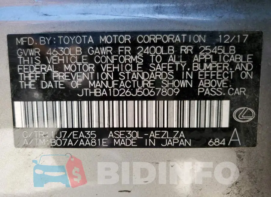 JTHBA1D26J5067809 Photo# 12
