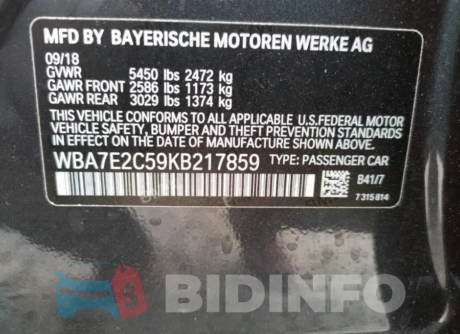 WBA7E2C59KB217859 Photo# 12