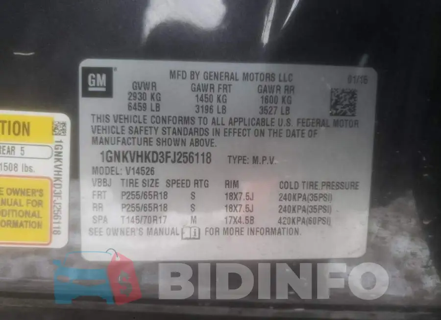 1GNKVHKD3FJ256118 Photo# 13