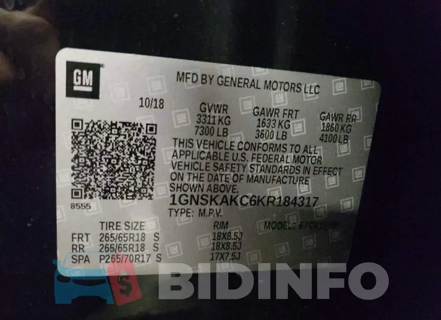 1GNSKAKC6KR184317 Photo# 13
