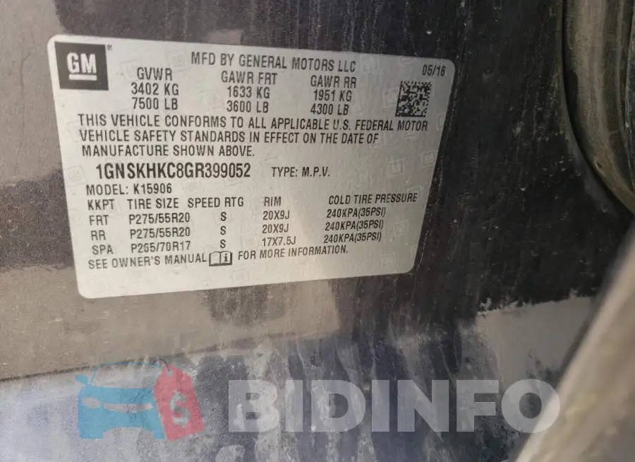 1GNSKHKC8GR399052 Photo# 13