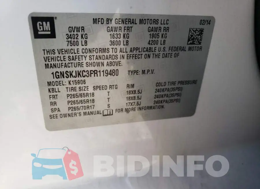 1GNSKJKC3FR119480 Photo# 14