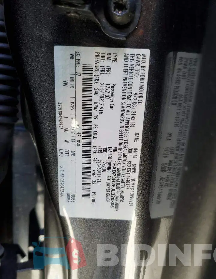 1FADP3H26JL320806 Photo# 10
