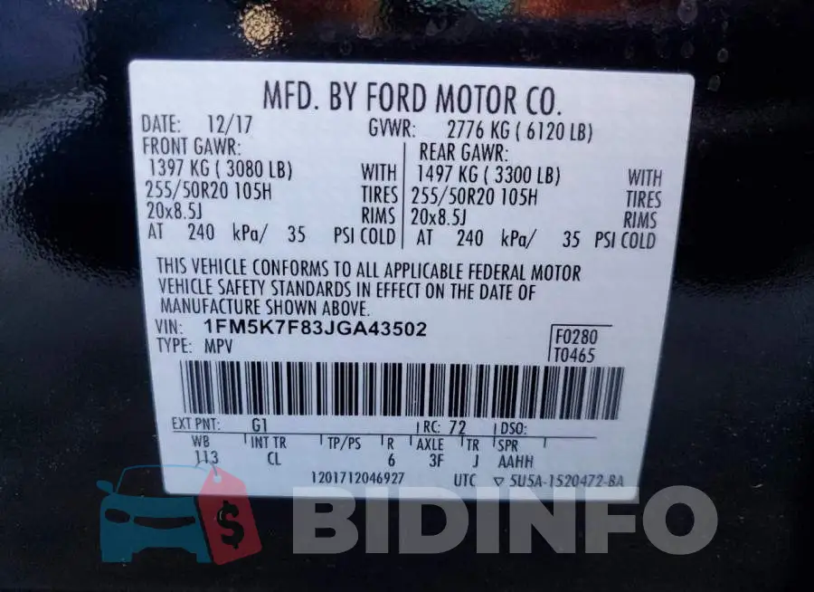 1FM5K7F83JGA43502 Photo# 13