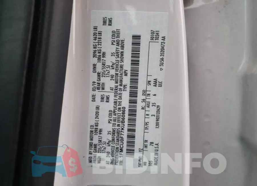 1FMCU0F77KUB60860 Photo# 12