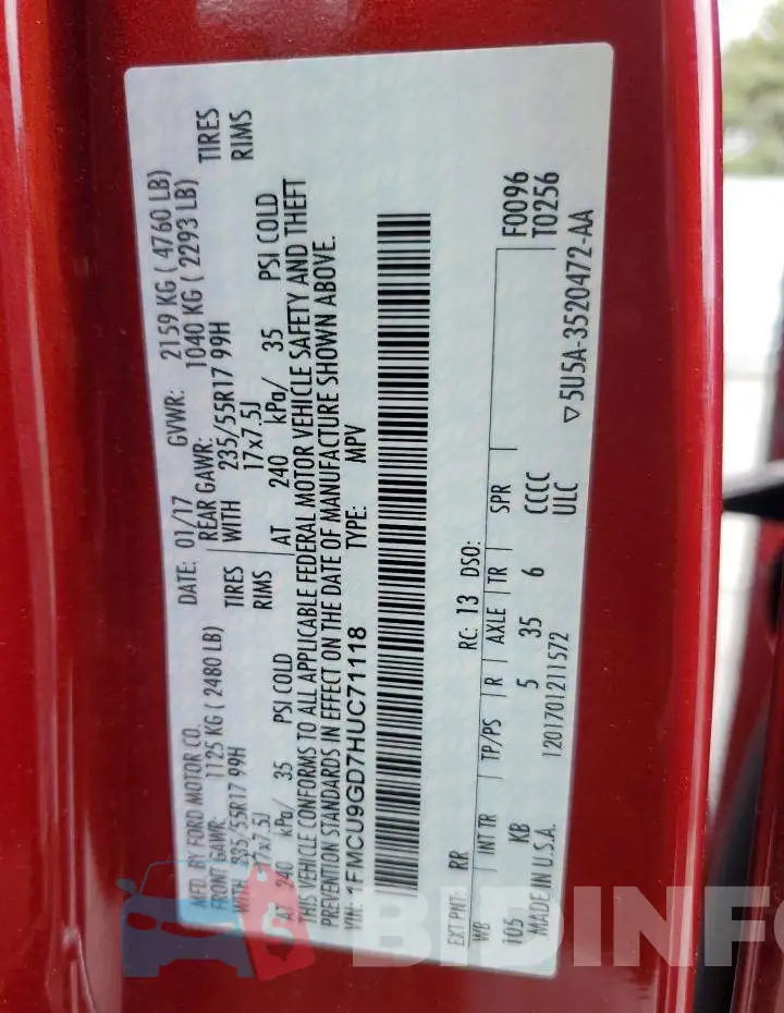 1FMCU9GD7HUC71118 Photo# 13