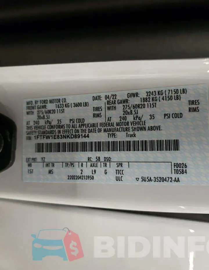 1FTFW1E83NKD89144 Photo# 12
