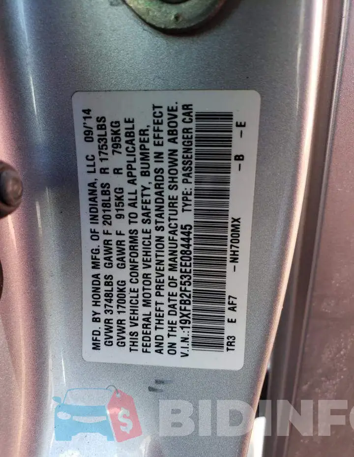 19XFB2F53EE084445 Photo# 12