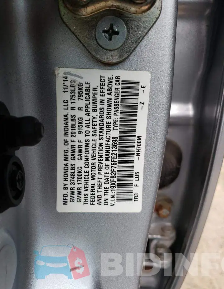 19XFB2F76FE213698 Photo# 12