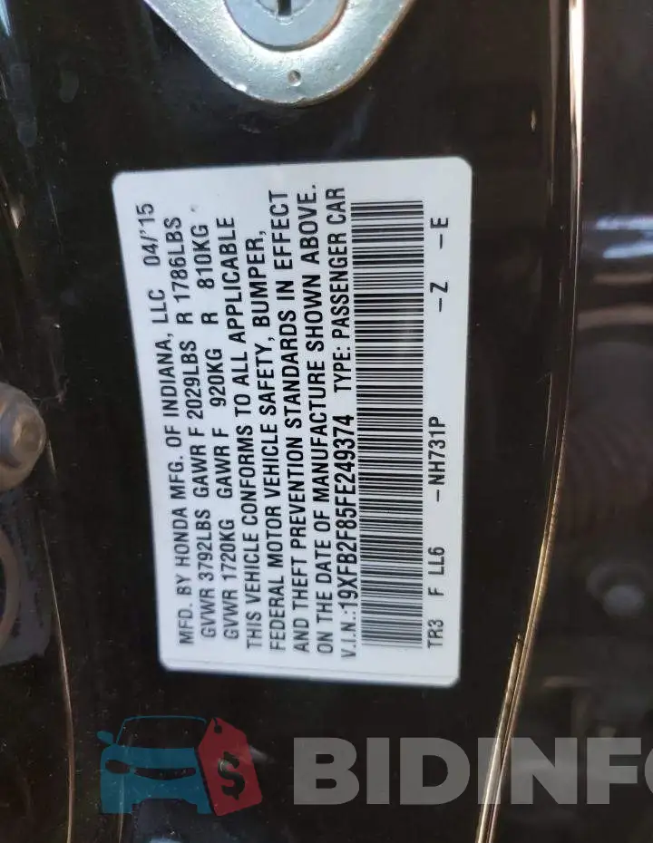 19XFB2F85FE249374 Photo# 12
