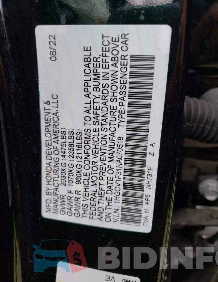 1HGCV1F31NA070518 Photo# 12