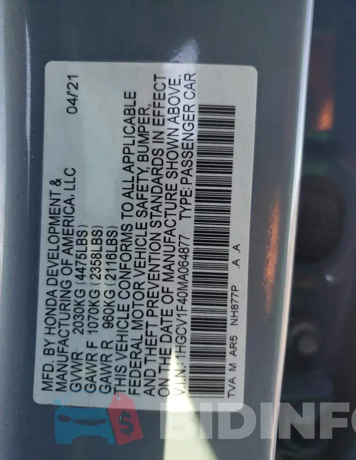 1HGCV1F40MA064877 Photo# 12