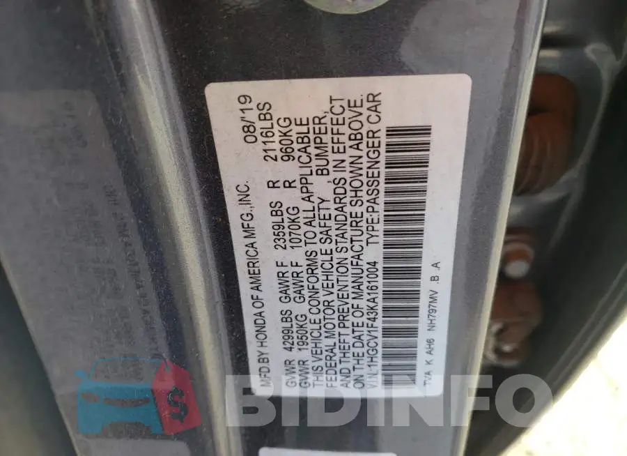 1HGCV1F43KA161004 Photo# 12