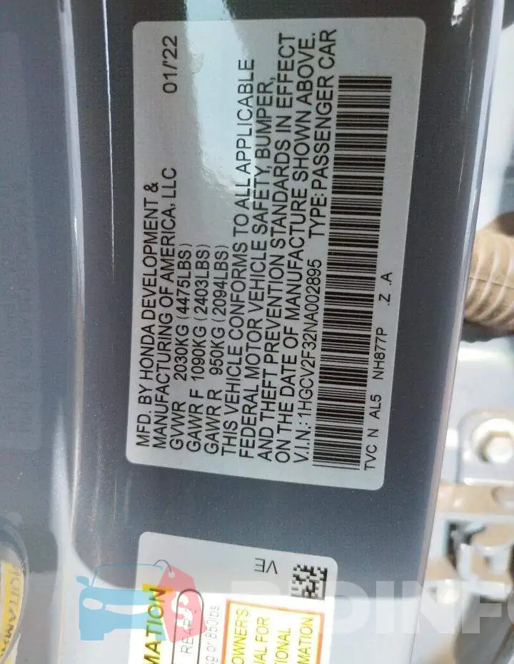 1HGCV2F32NA002895 Photo# 10