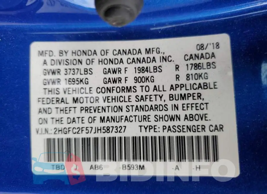 2HGFC2F57JH587327 Photo# 12