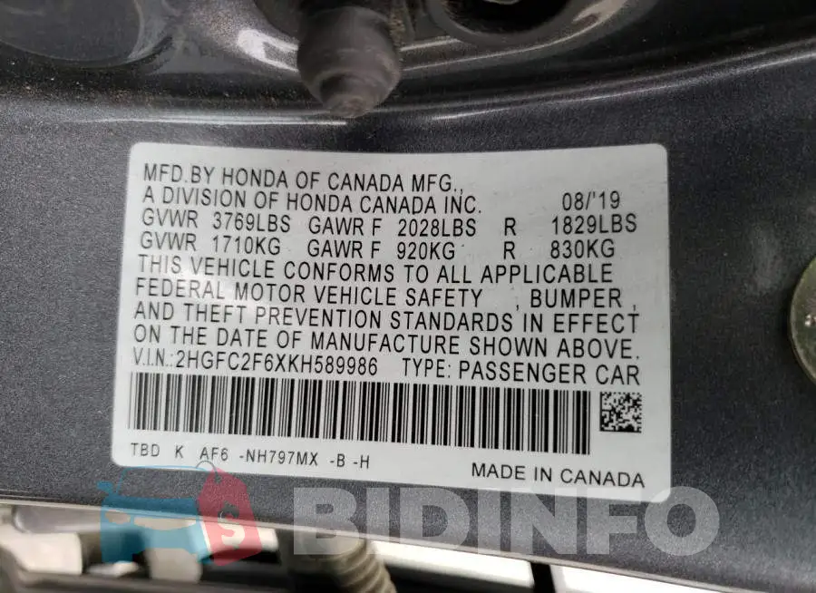 2HGFC2F6XKH589986 Photo# 12