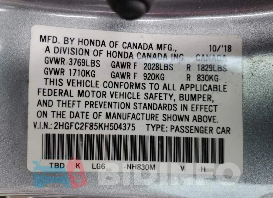 2HGFC2F85KH504375 Photo# 12