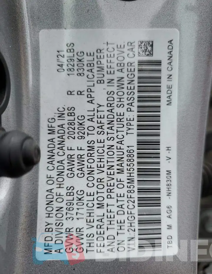 2HGFC2F85MH558861 Photo# 12