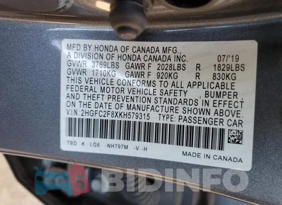 2HGFC2F8XKH579315 Photo# 12